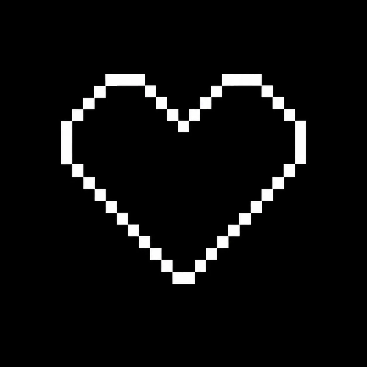 Minimal black pixel heart pfp outlined in white on pure black for dark mode gaming profile icons (94 characters)