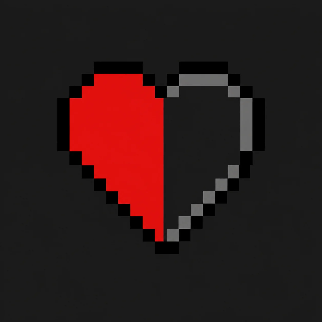 Pixel heart pfp showing half empty health bar heart in red and grey for gamer profile pictures (92 characters)