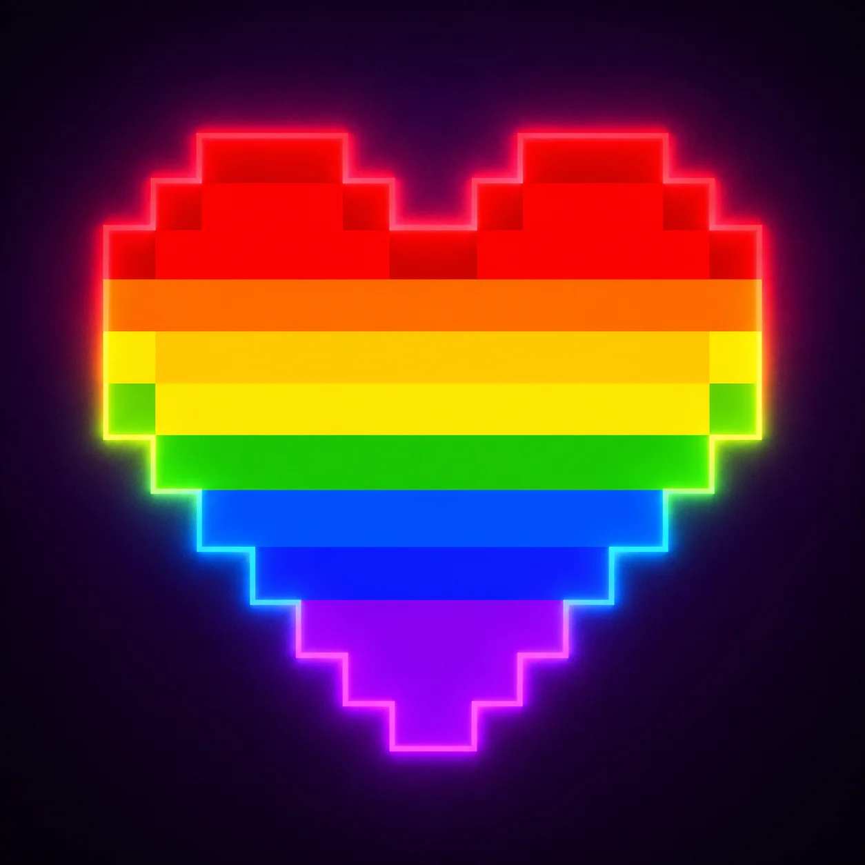 Rainbow pixel heart pfp with arcade neon gradient and glowing outer pixels for colorful gaming avatars (100 characters)