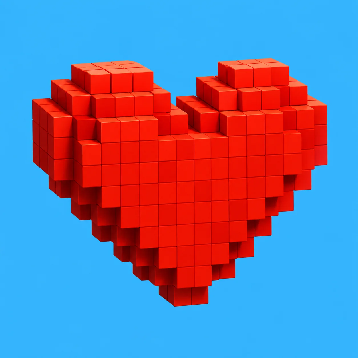Blocky 3D voxel heart pfp built from red cubes on sky blue background for Roblox and Minecraft profiles (101 characters)