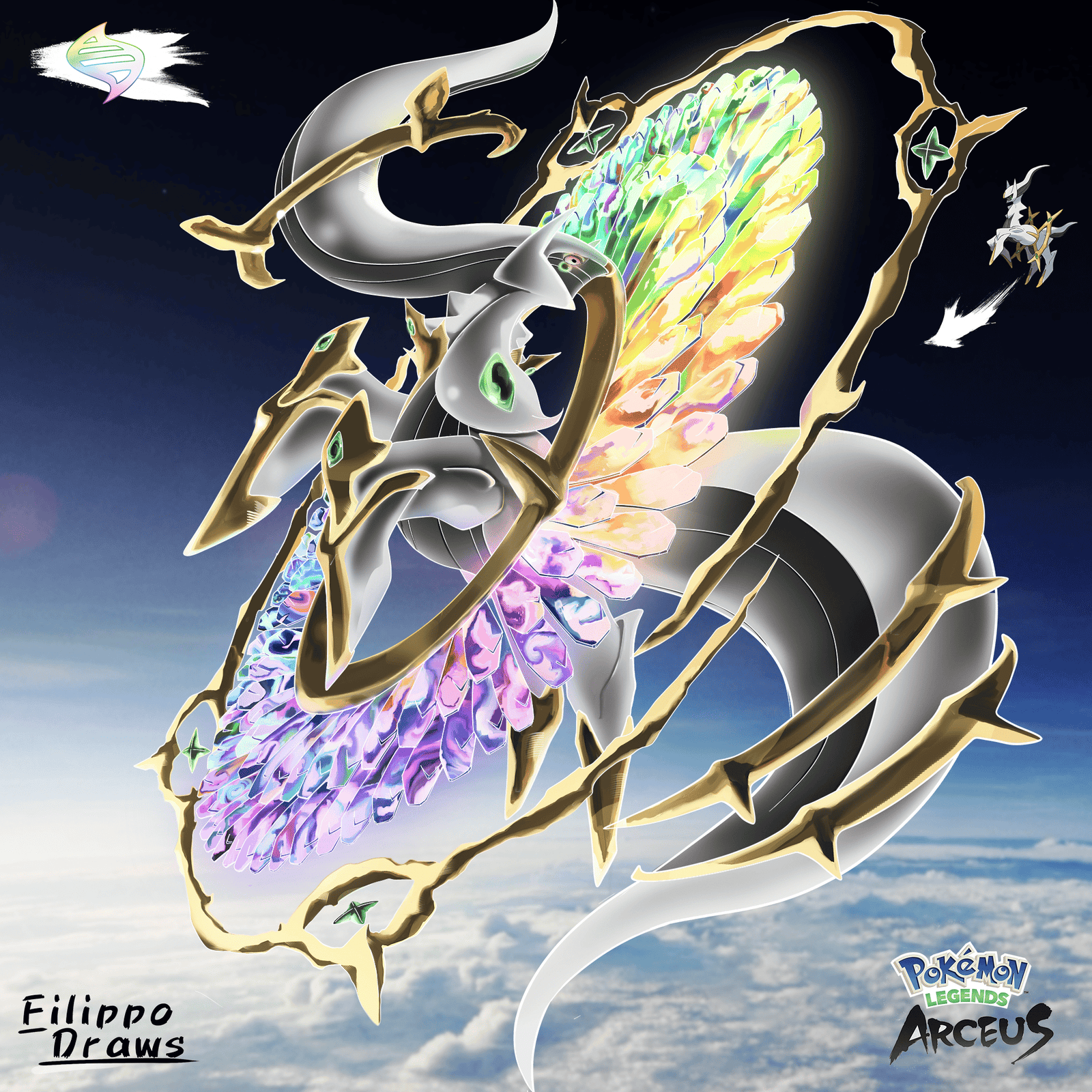 Arceus Pokemon pfp with glowing golden rings and white body on a cosmic background for godlike legendary profile pictures