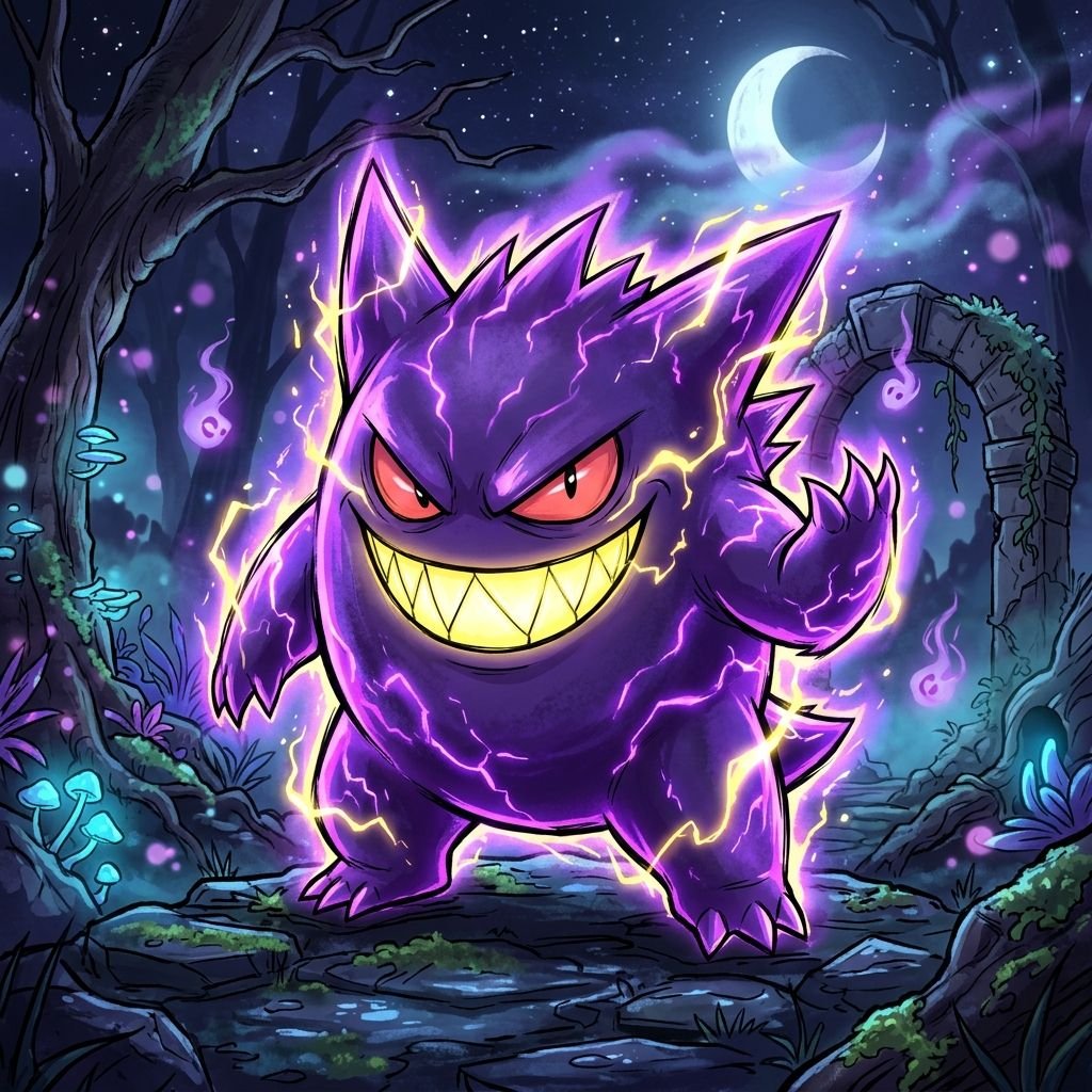 Dark Gengar Pokemon pfp with glowing red eyes and a wide grin on a shadowy purple background for moody Discord avatars