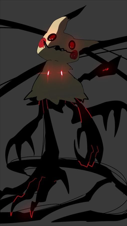 Eerie Mimikyu Pokemon pfp in a tattered Pikachu disguise with glowing eyes for creepy-cute aesthetic profile pictures