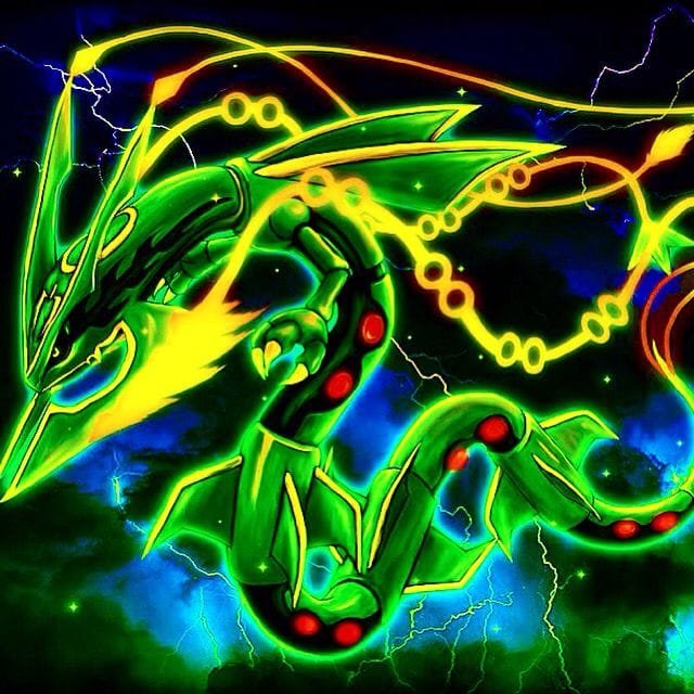 Legendary Rayquaza Pokemon pfp coiled against a stormy sky in emerald green for powerful, rare avatar profiles