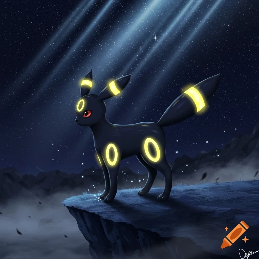 Umbreon Pokemon pfp with black fur and glowing yellow rings under a full moon for dark aesthetic Instagram avatars