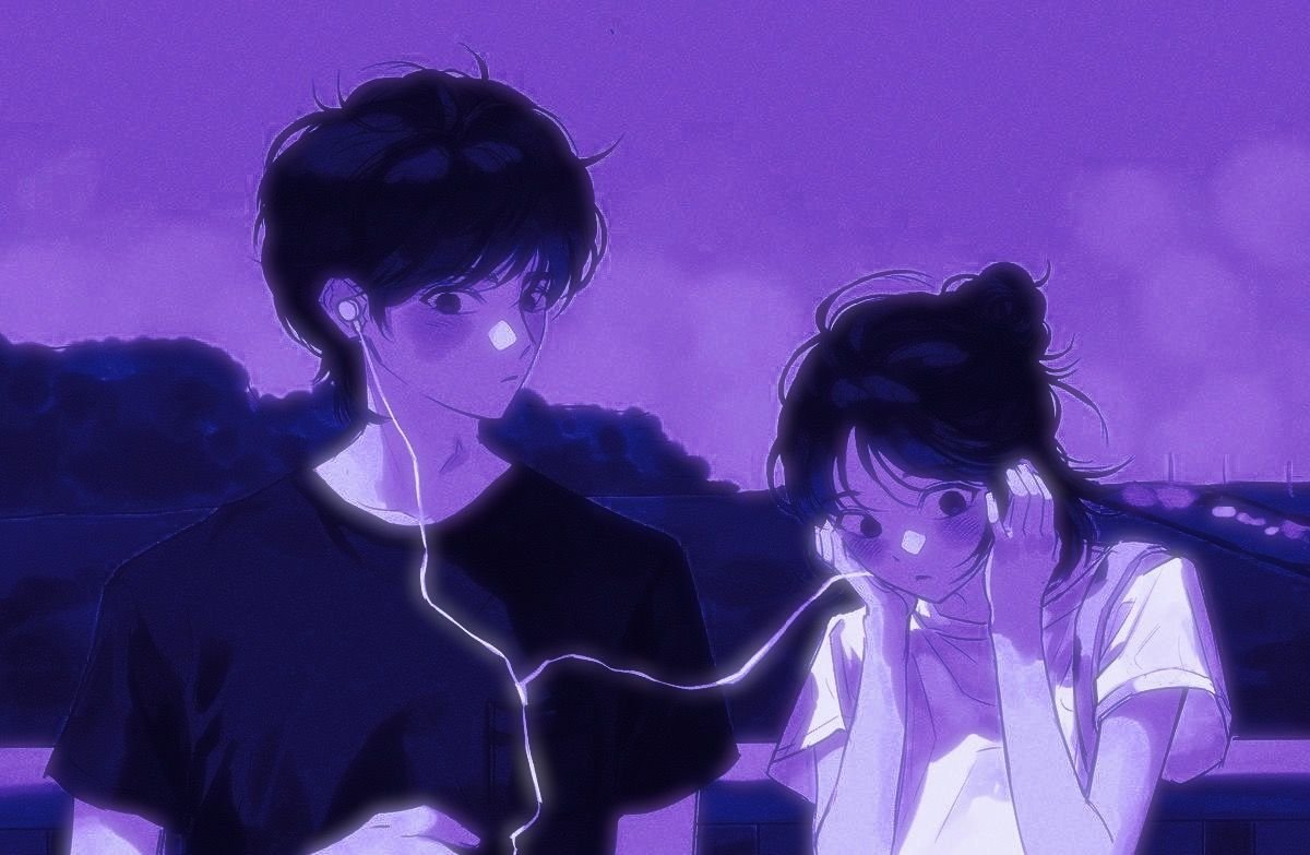 Purple couple profile picture with neon sign effect for bold matching Discord icons