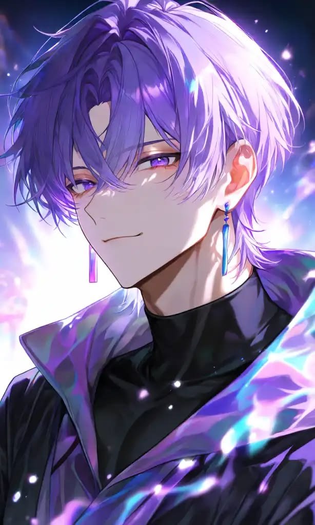 Purple anime pfp of a boy in a violet jacket for cool gaming and Discord avatars