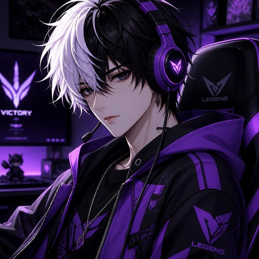Cool purple pfp boy wearing a headset for Discord, Steam, and gaming profile use