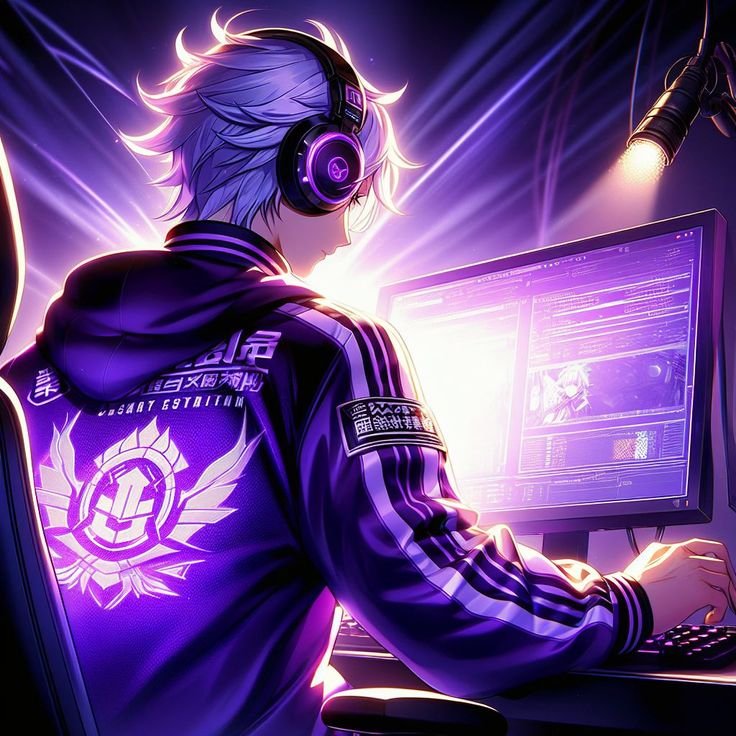 Purple pfp gamer boy in a neon room for bold Discord and streaming profile pictures