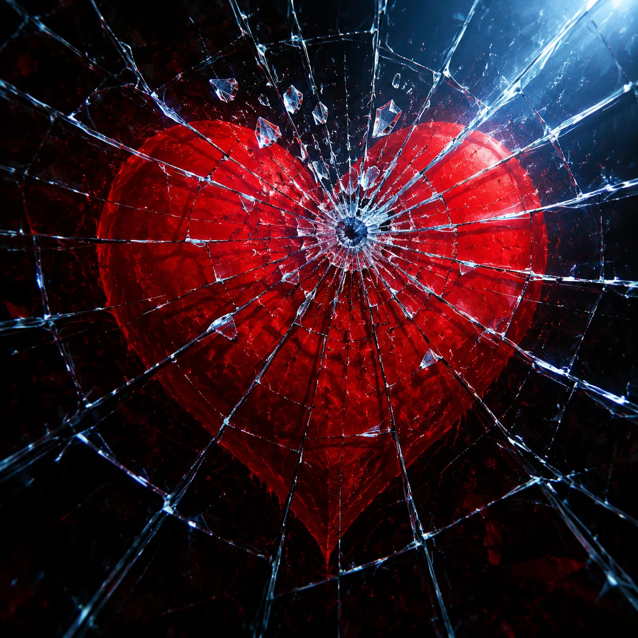 Bold red heart pfp behind cracked shattered glass with radiating fracture lines for dramatic edgy profiles (104 characters)