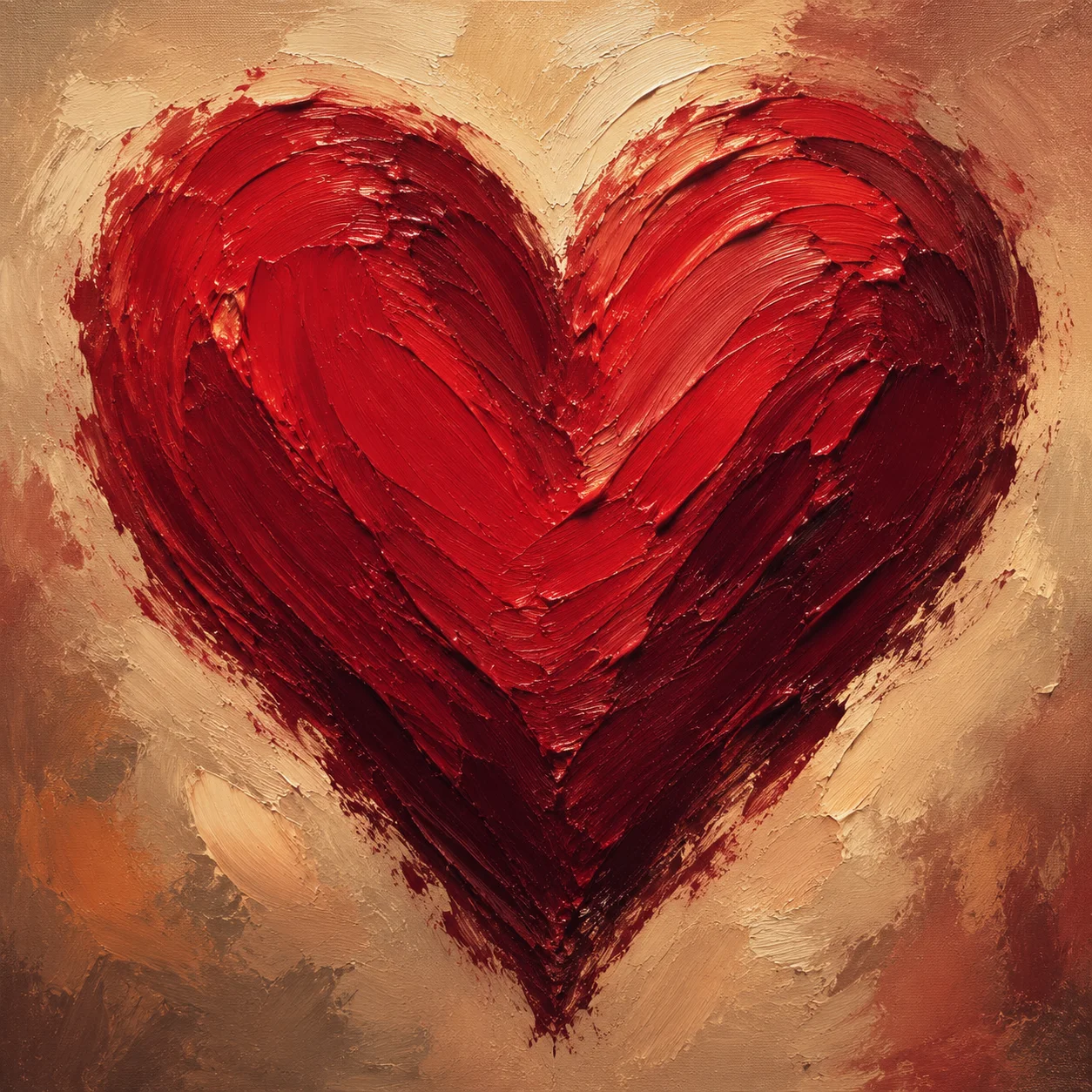 Oil painted red heart pfp with thick visible brushstrokes and burgundy shadows for romantic artistic profiles (107 characters)