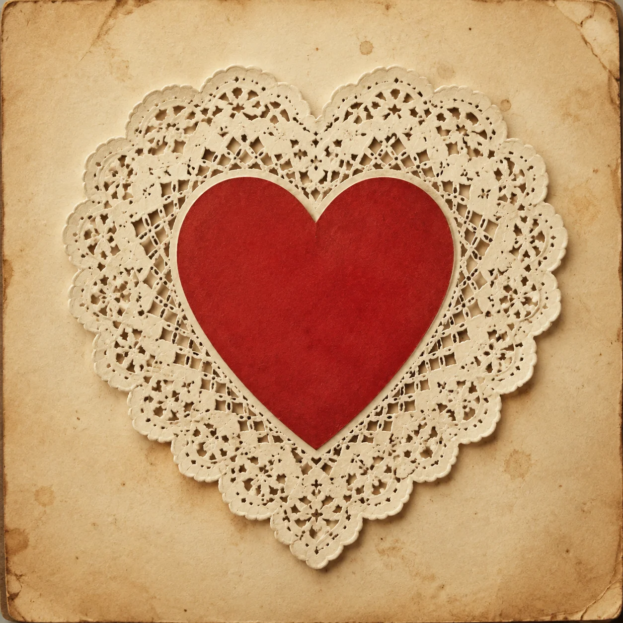 Vintage red heart profile picture framed by white lace doily on aged paper for retro romantic aesthetic (101 characters)