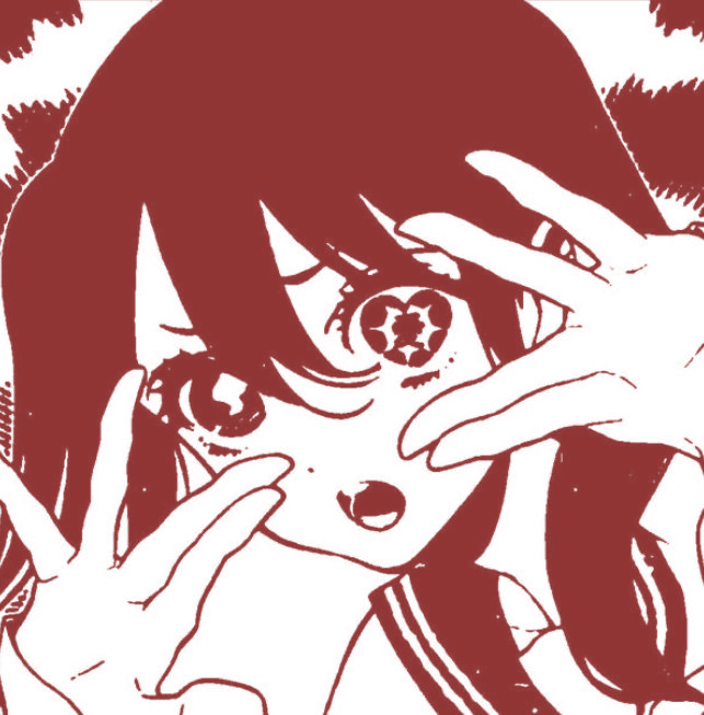 Adorable red anime pfp with twin buns and heart-shaped highlights for playful social profiles