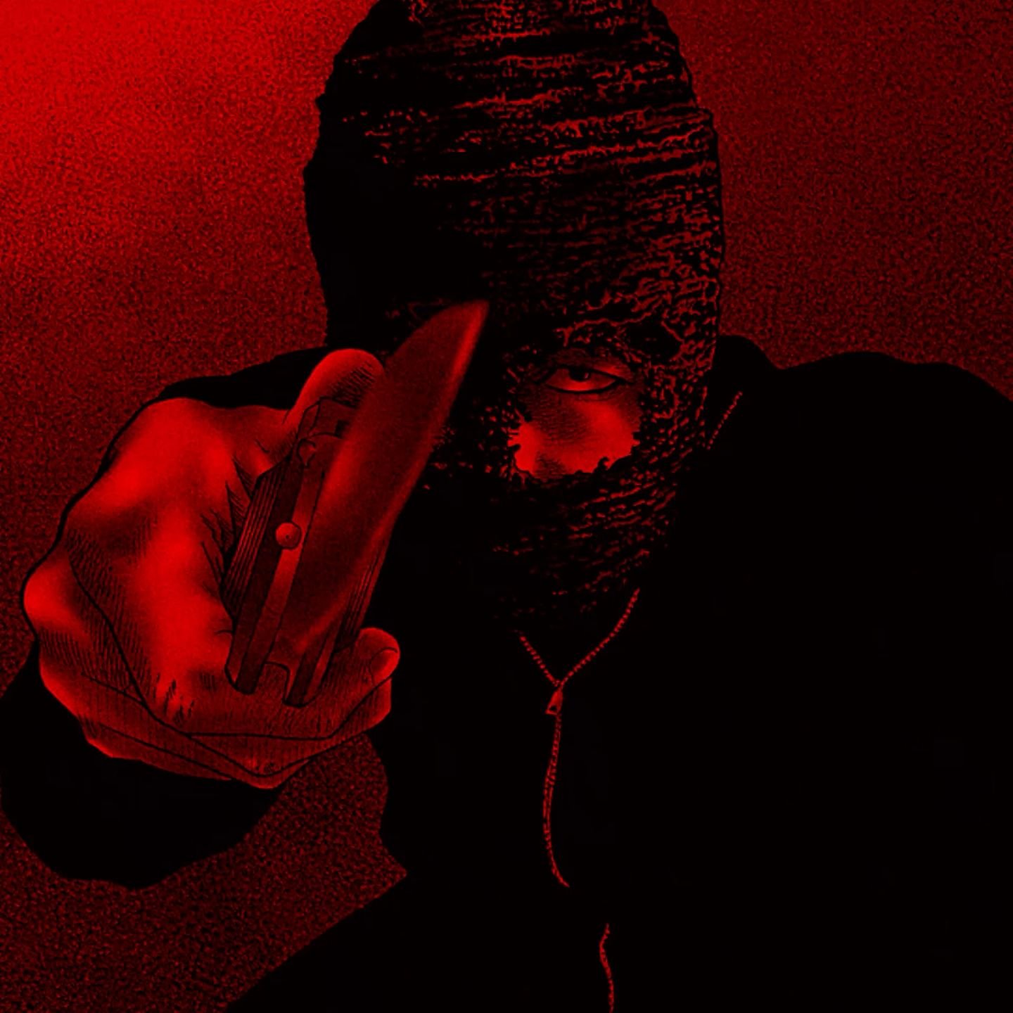 Black and red pfp with masked face and neon eyes for edgy social media avatars