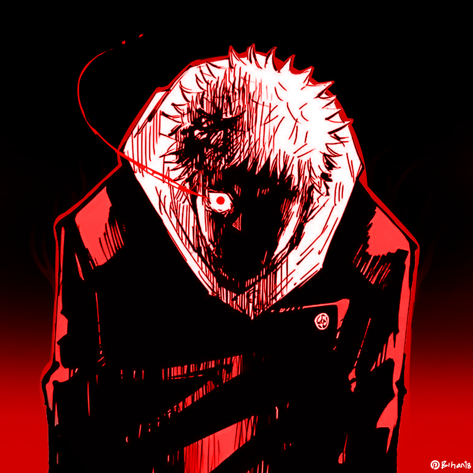 Dark red pfp of hooded boy with crimson smoke for mysterious Discord and gaming profiles