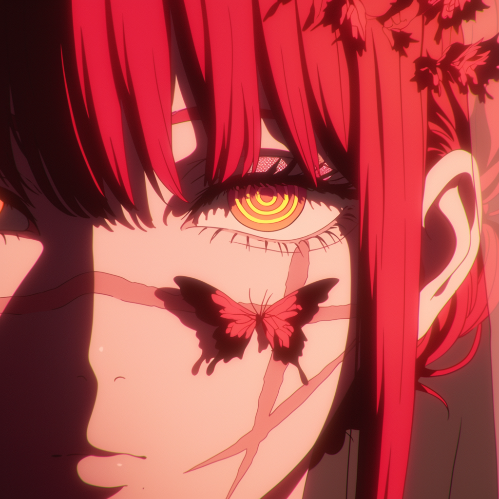 Red Y2K pfp with butterfly overlay and glossy shadows for dreamy retro profile pictures