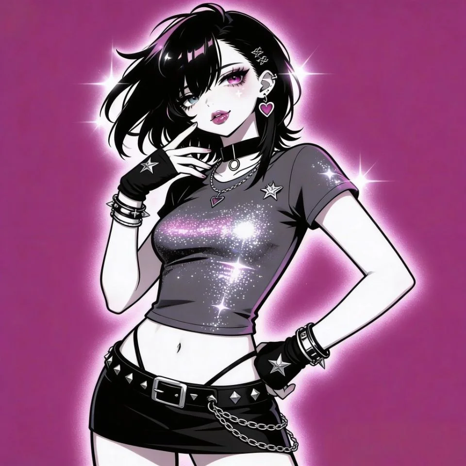 Retro avatar with pixel heart stickers and emo styling for playful Discord profile use