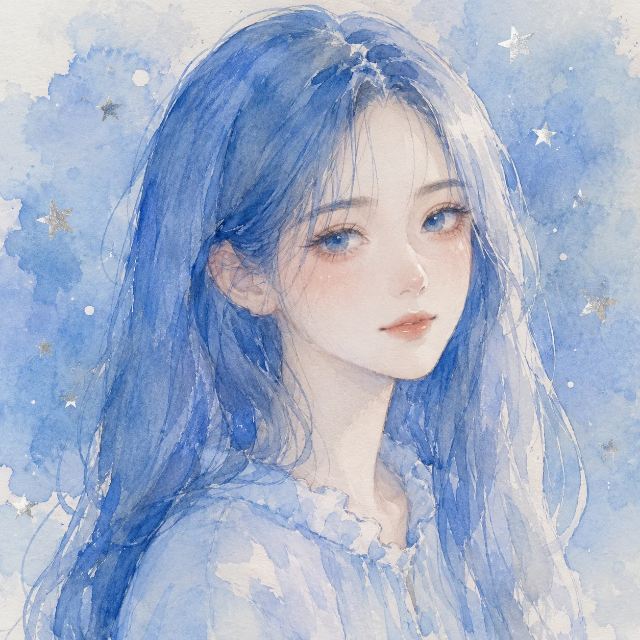 Soft blue pfp with watercolor stars and a gentle portrait style for aesthetic Instagram and Discord avatars