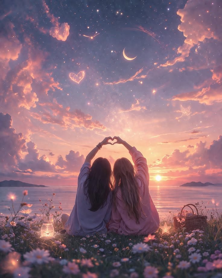Violet friendship avatar pair with sunset tones for warm matching Instagram and TikTok profiles