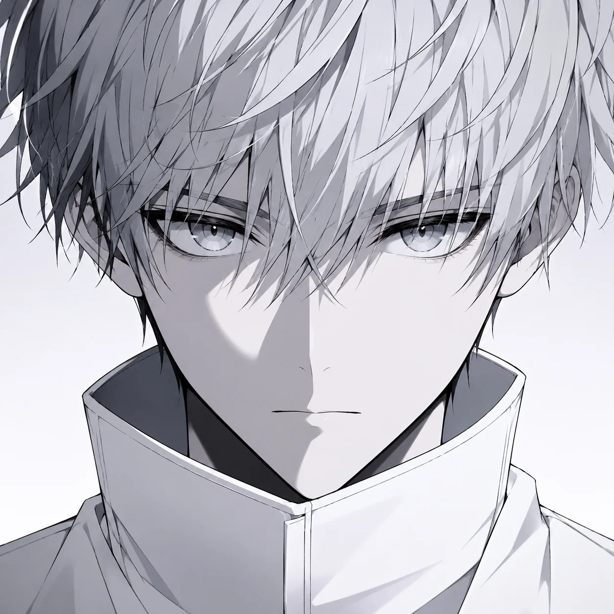 White anime boy pfp with monochrome tones and clean face crop for a cool minimalist avatar