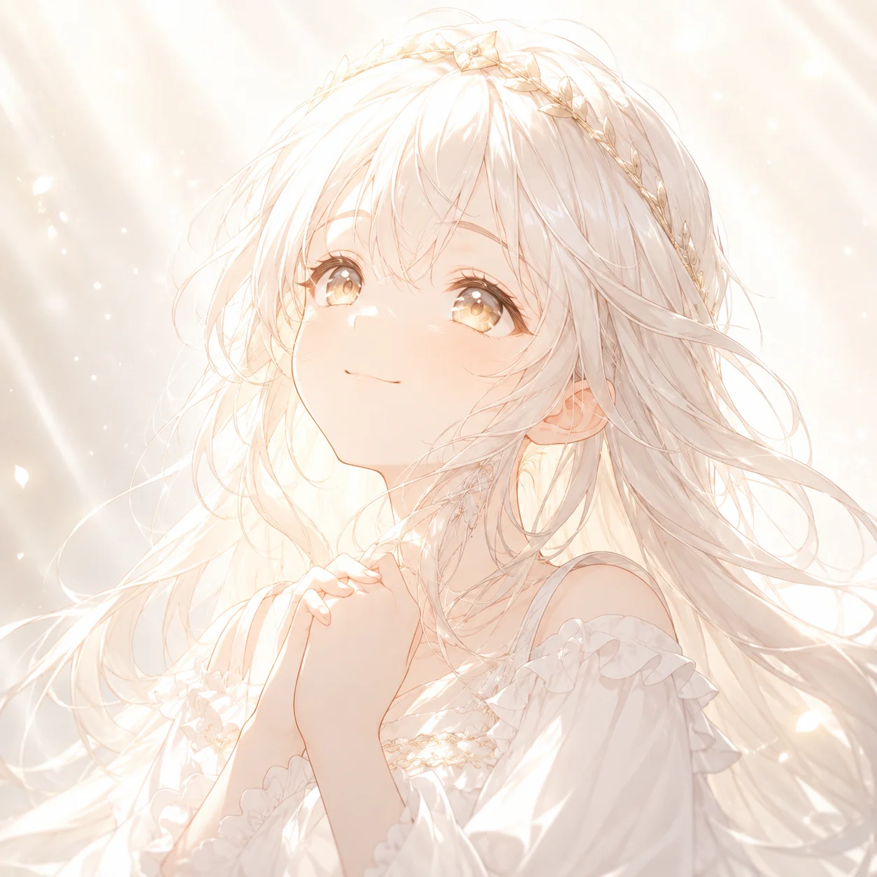 White anime girl pfp with pale hair and angelic light for a soft aesthetic social media avatar