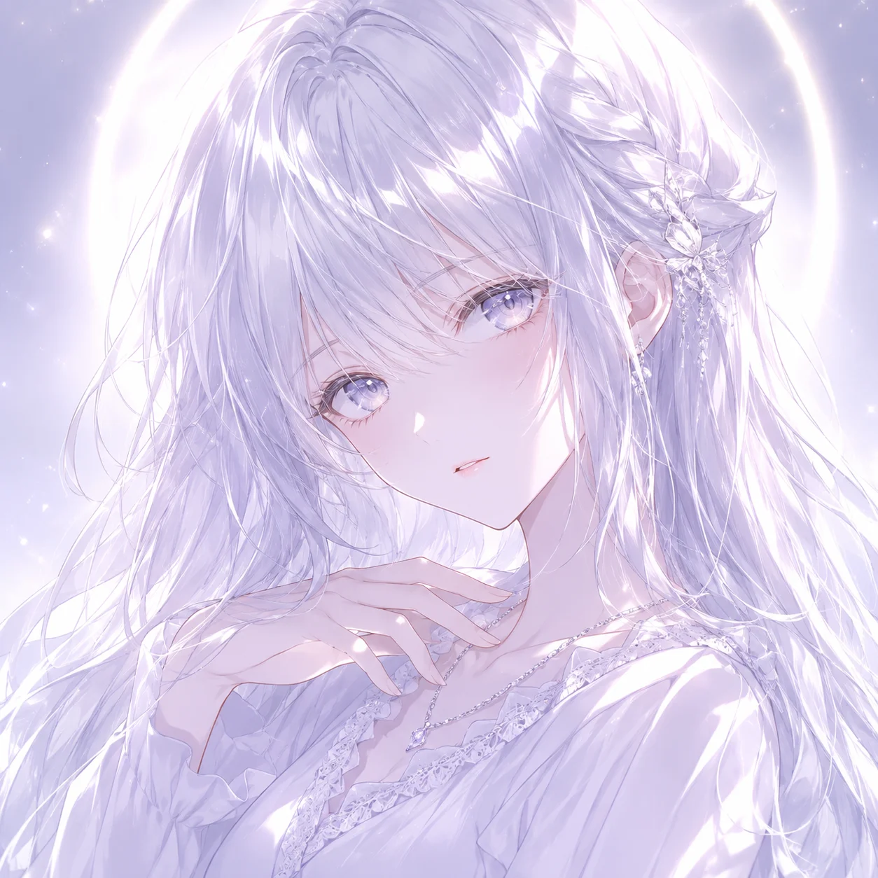 White anime pfp with silver hair and soft glow effect perfect for Discord and TikTok profile use