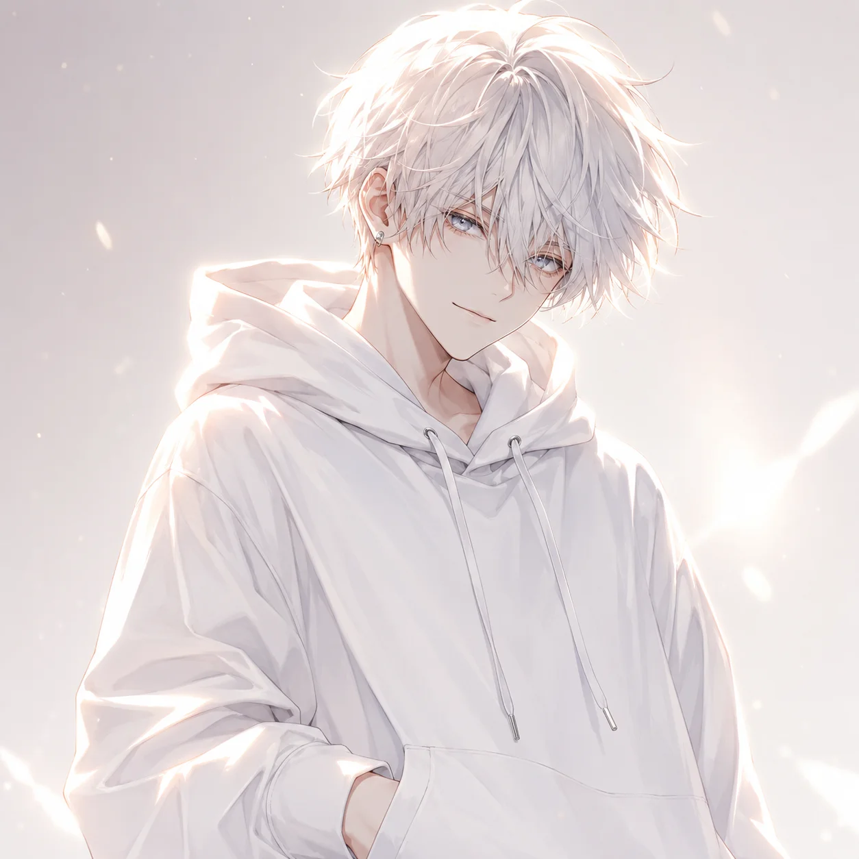 White anime pfp with white hoodie and luminous lighting for a stylish TikTok and Discord icon