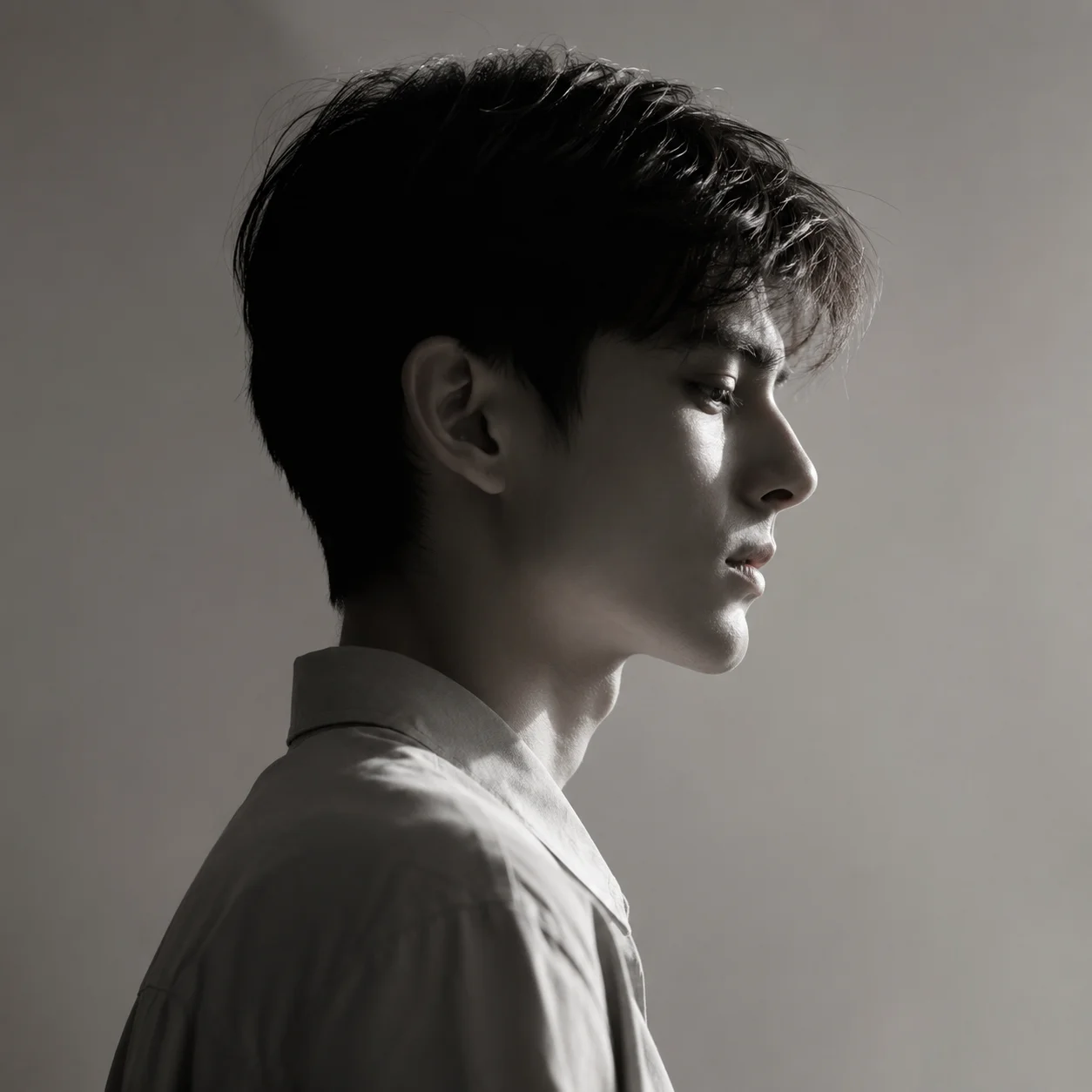 Moody white pfp boy in side profile with monochrome tones and soft light for Instagram or Discord