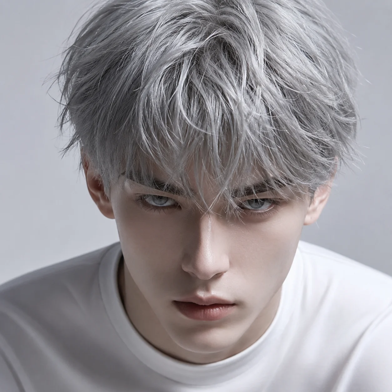 White pfp boy with silver hair and clean face crop for a cool aesthetic social media avatar
