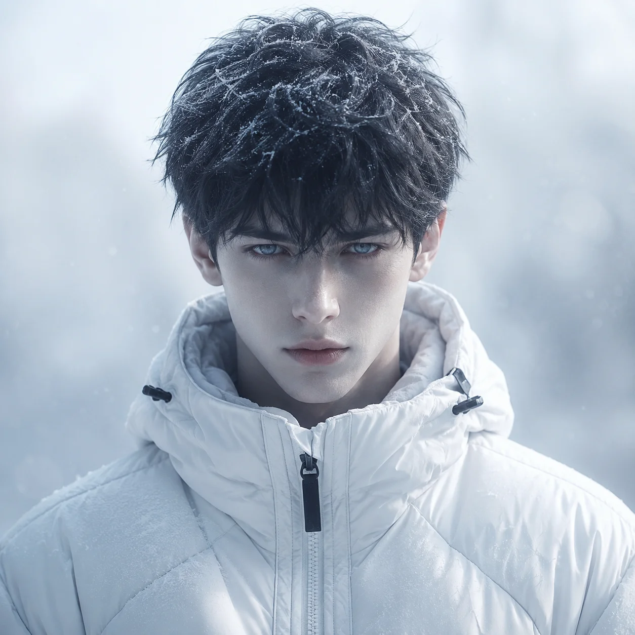 White pfp boy with winter jacket and icy aesthetic for a cool Discord or Steam avatar