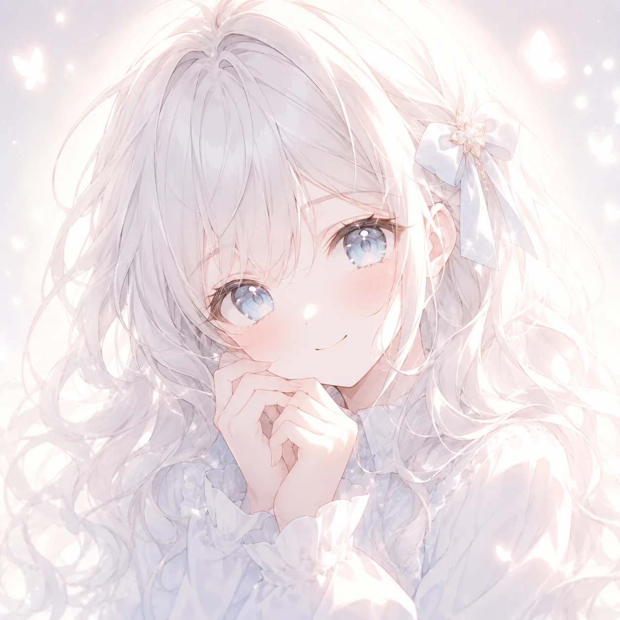 White anime girl pfp with soft glow and bright eyes for Discord, TikTok, and aesthetic avatar use