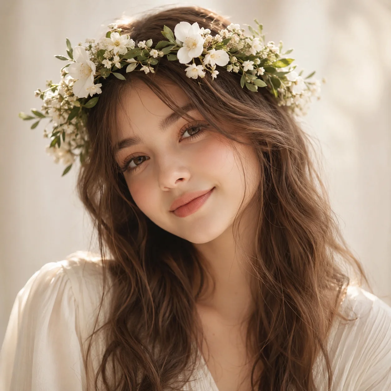 White pfp girl with flower crown and minimal soft styling for a feminine Instagram avatar