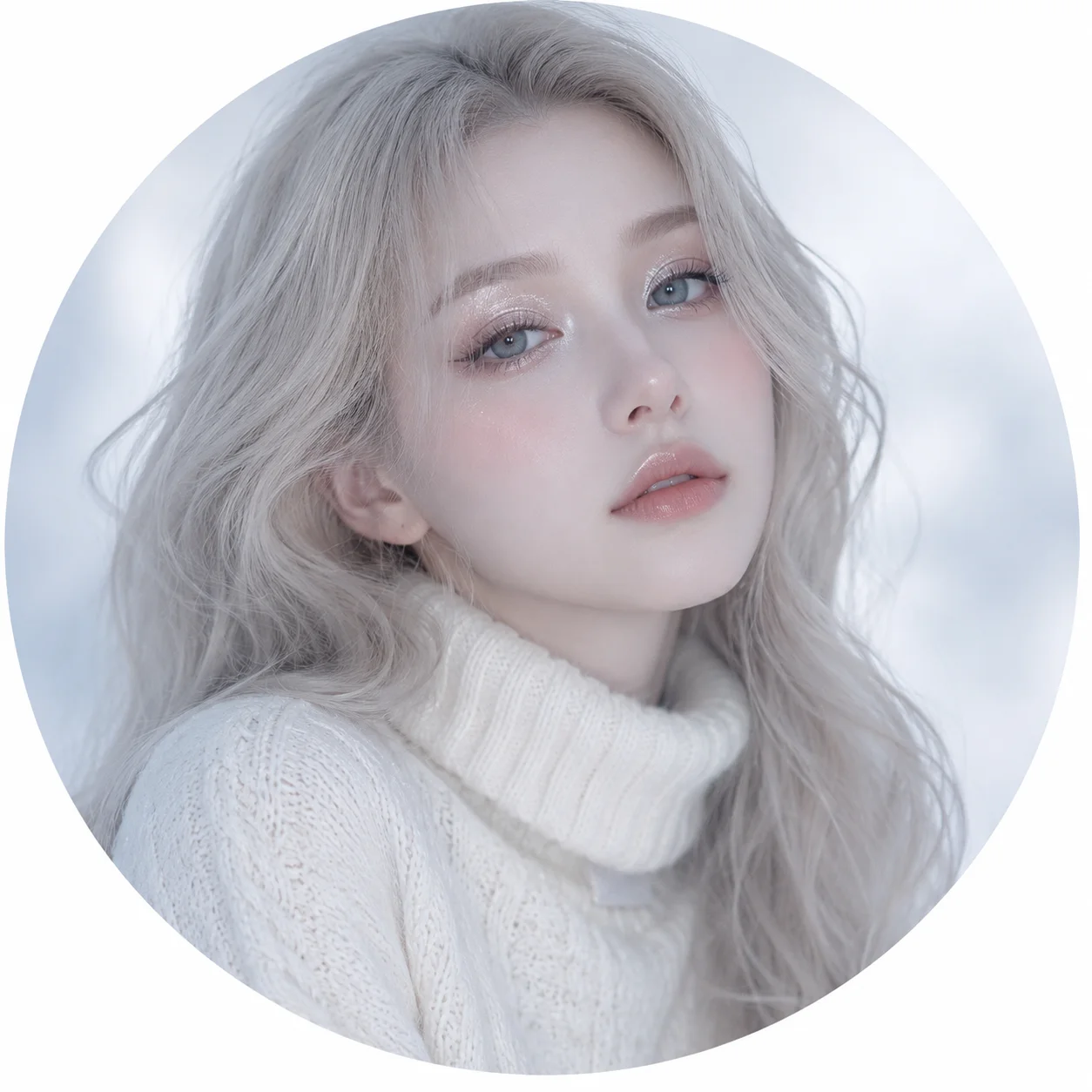 White pfp girl with snowy tones and delicate makeup for a dreamy aesthetic profile picture
