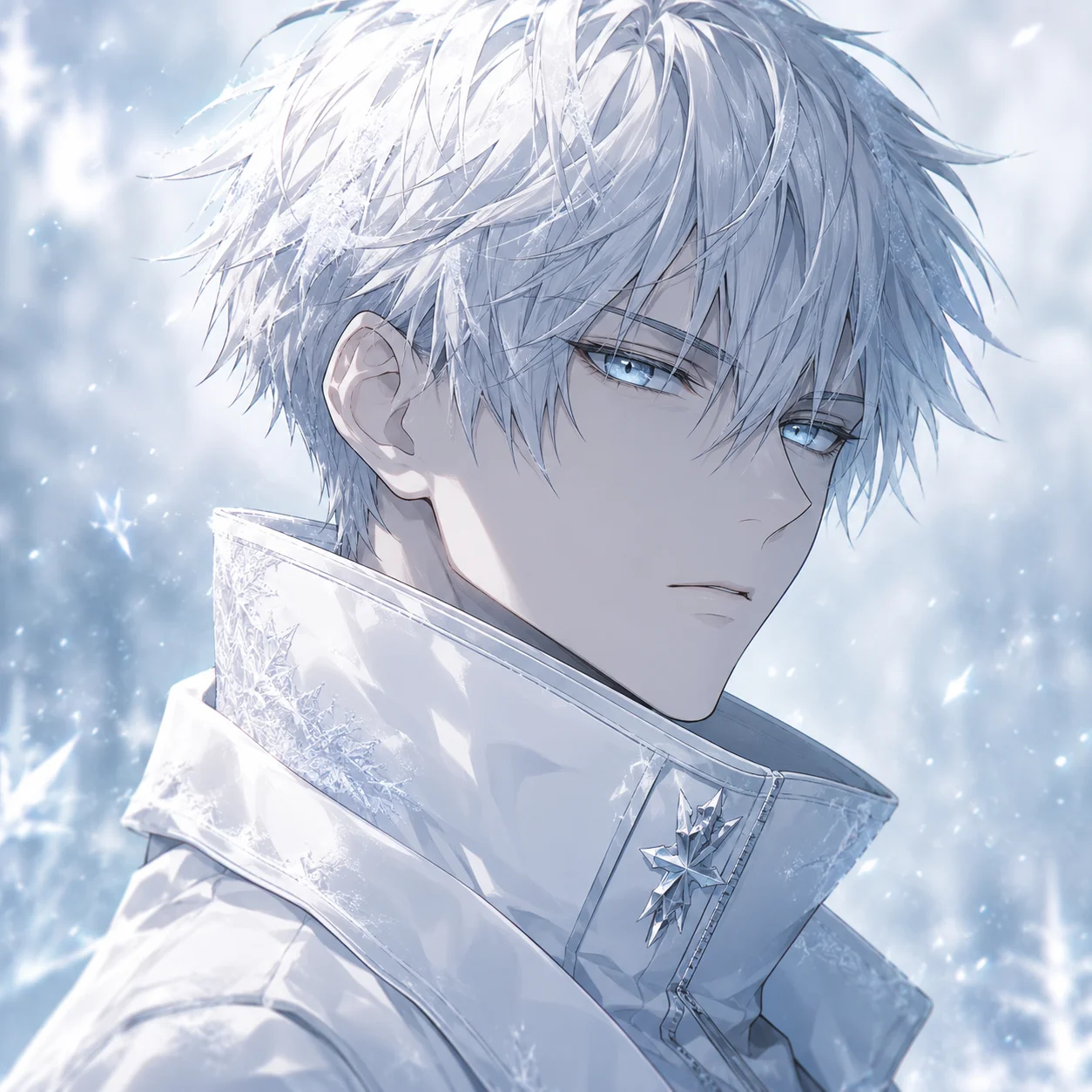 Icy white anime boy pfp with frosted background for a cool Discord, Steam, or gaming avatar
