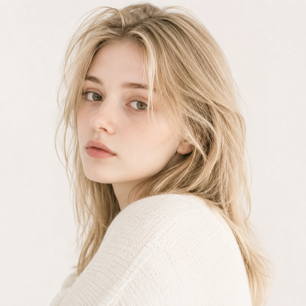 Minimal white profile picture with blank background and subtle expression for a soft aesthetic avatar