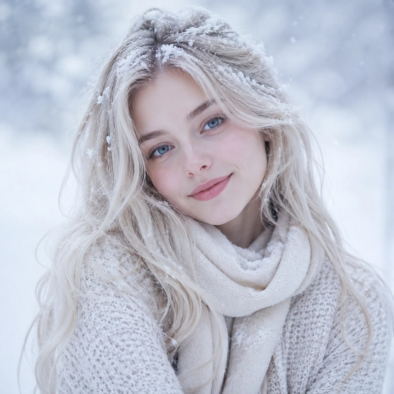 White snow pfp with soft winter girl portrait and icy tones for Instagram and Discord avatars