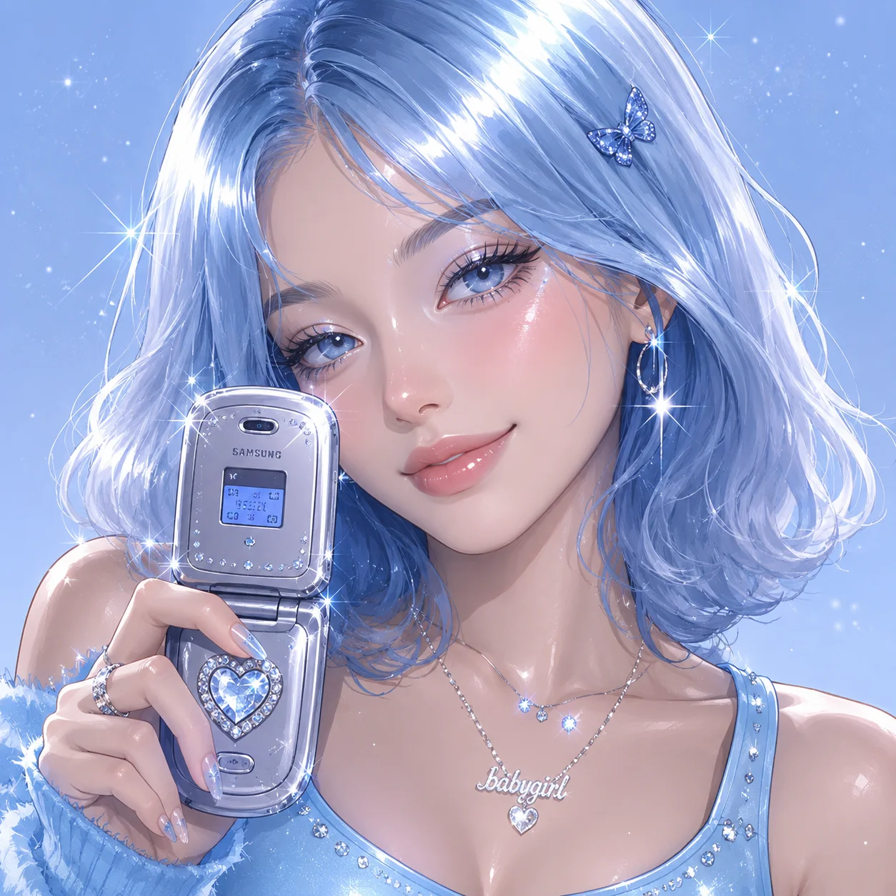 Y2K blue pfp with flip phone sparkle edit and icy tones for aesthetic Instagram and Discord avatars