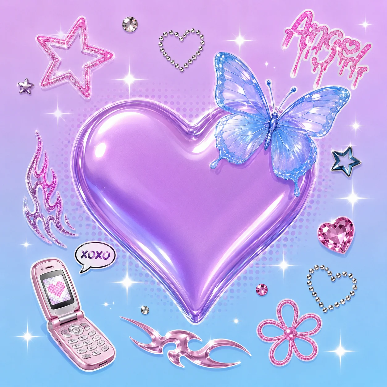 Retro 2000s heart pfp collage with blue butterfly, flip phone sticker and lilac gradient for y2k avatars (102 characters)