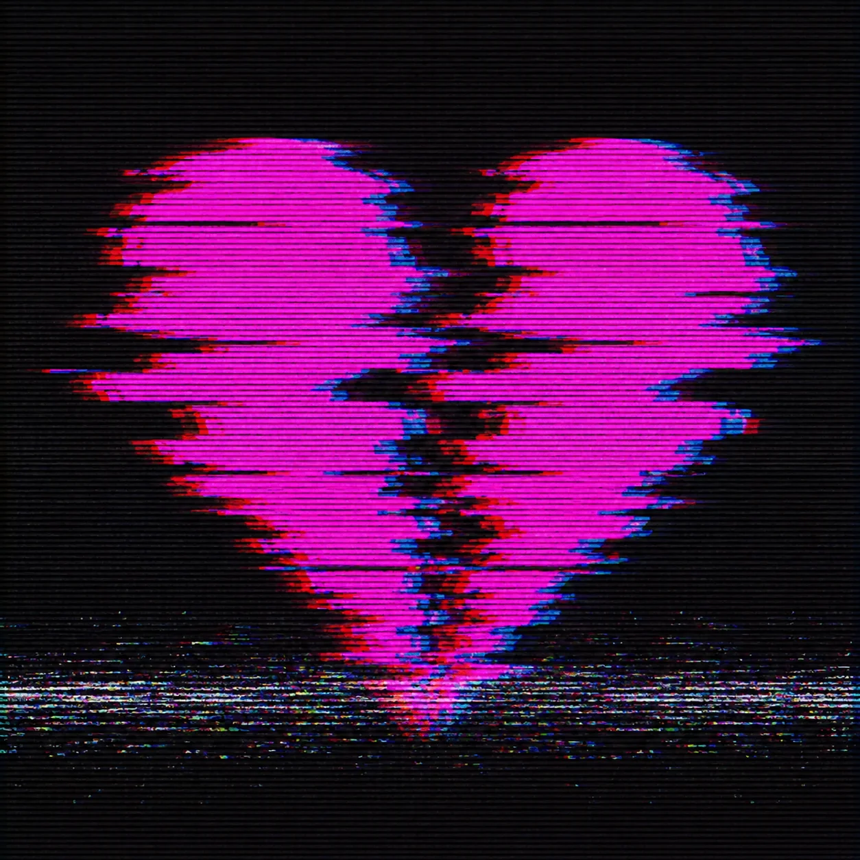 Glitched y2k heart pfp with VHS scanlines and RGB chromatic distortion for retro digital aesthetic avatars (104 characters)