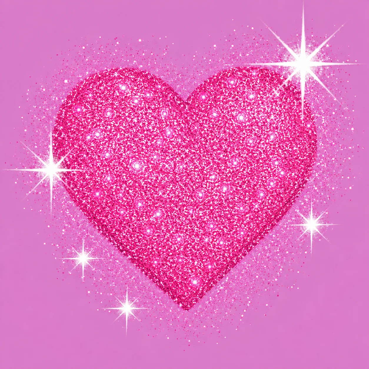 Pink glitter y2k heart pfp surrounded by sparkling white stars and shimmer specks for TikTok profiles (99 characters)