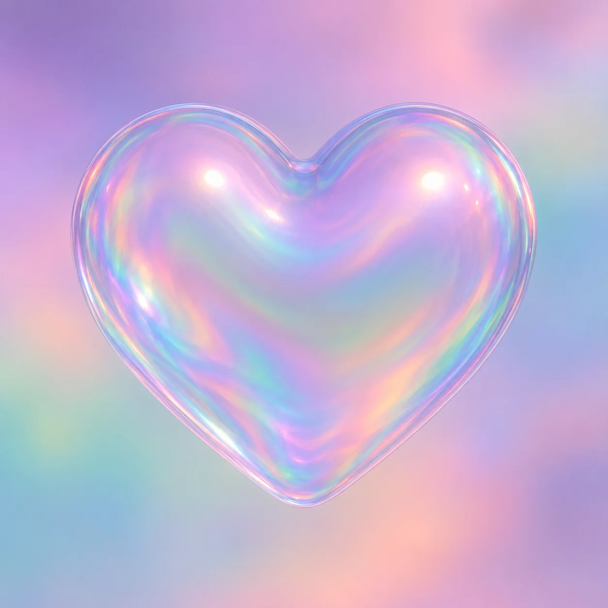 Holographic iridescent heart pfp with pastel rainbow bubble surface for dreamy y2k aesthetic profiles (99 characters)