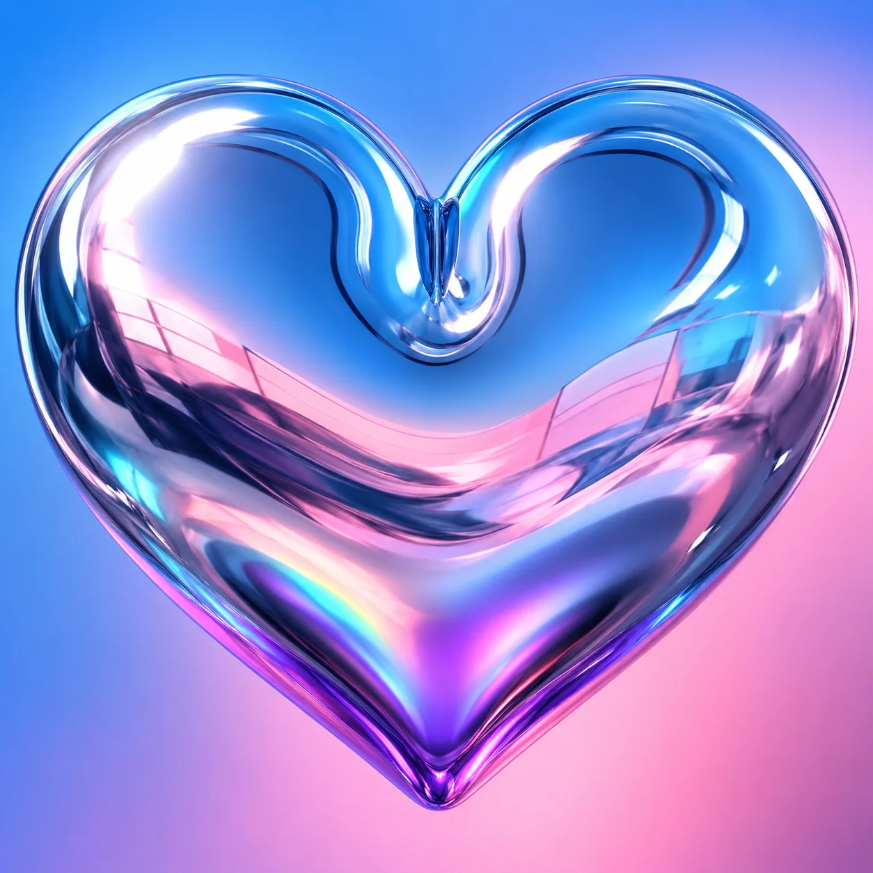Liquid chrome y2k heart pfp in reflective silver metal with rainbow sheen for retro futuristic avatars (100 characters)