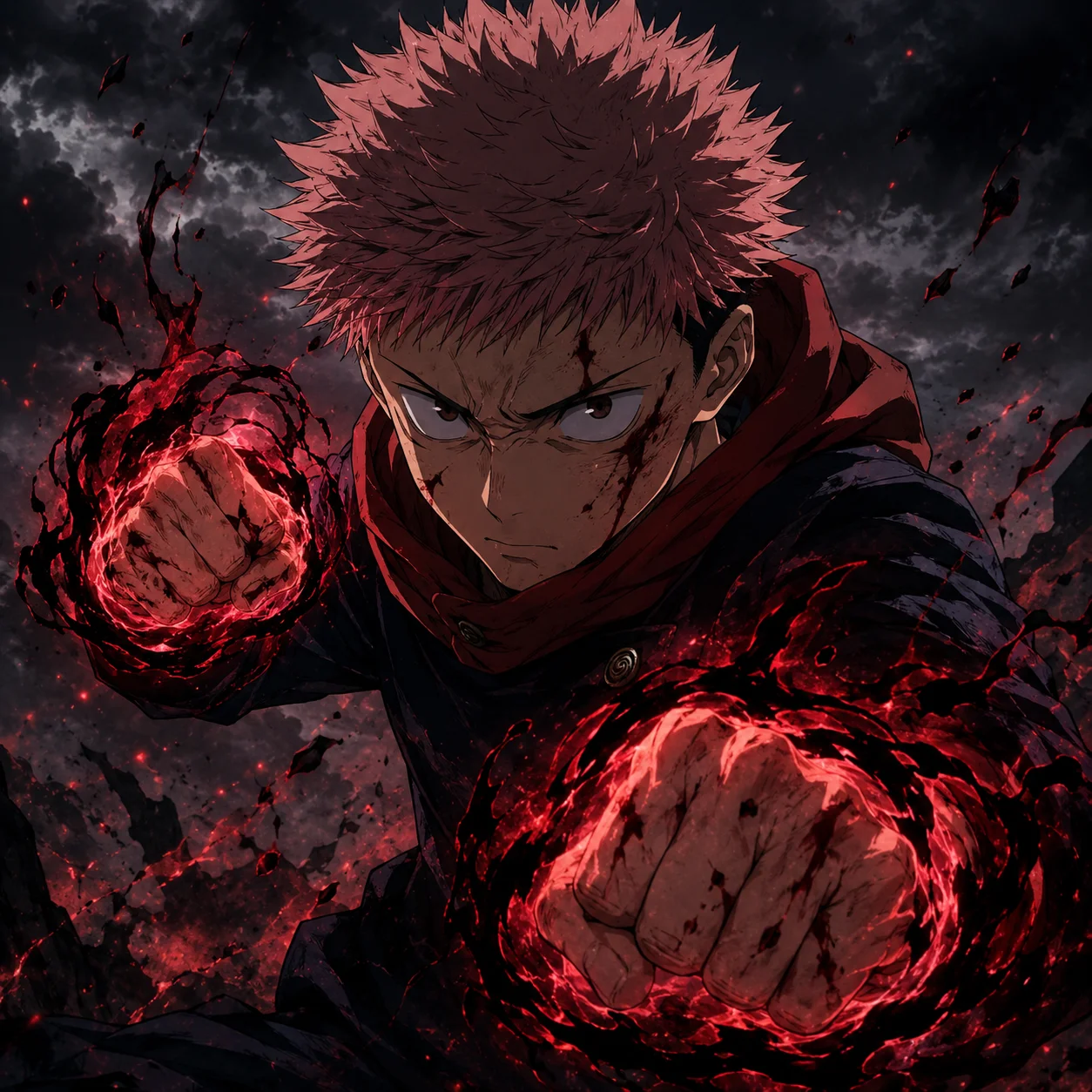 Cool Yuji Itadori pfp in battle stance with glowing cursed energy fists for Discord gaming profile