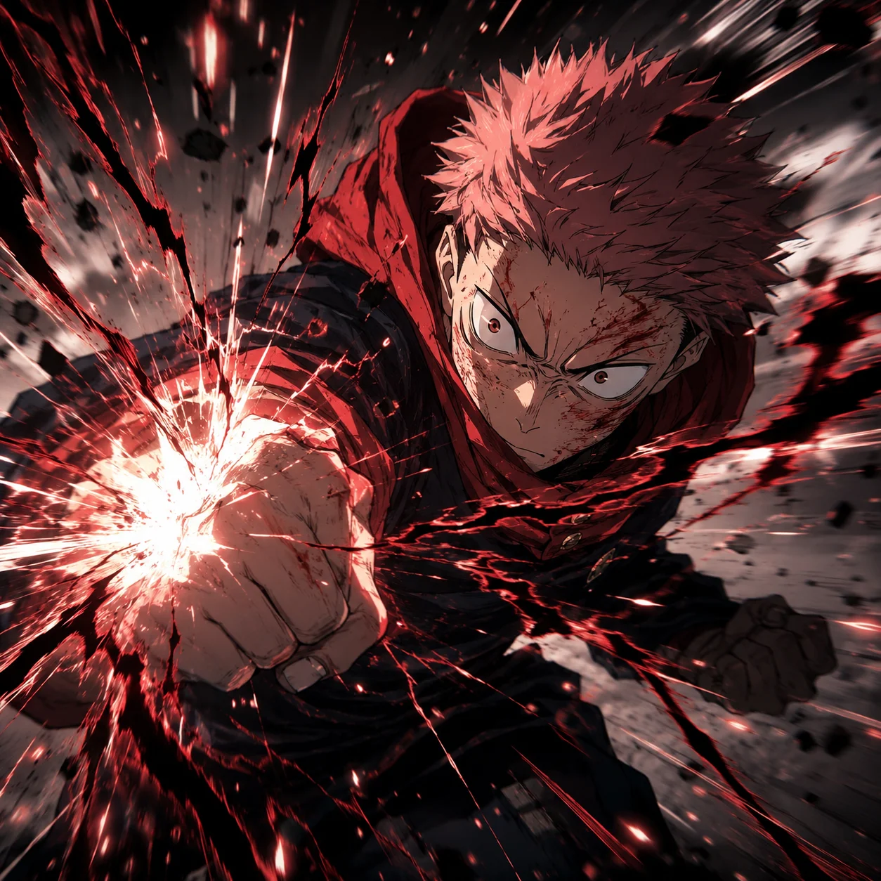 Dynamic Yuji Itadori pfp mid Black Flash technique with motion blur and impact effects