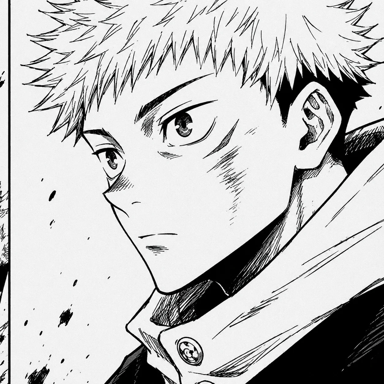 Black and white Yuji Itadori pfp manga panel with sharp inked linework for aesthetic profile