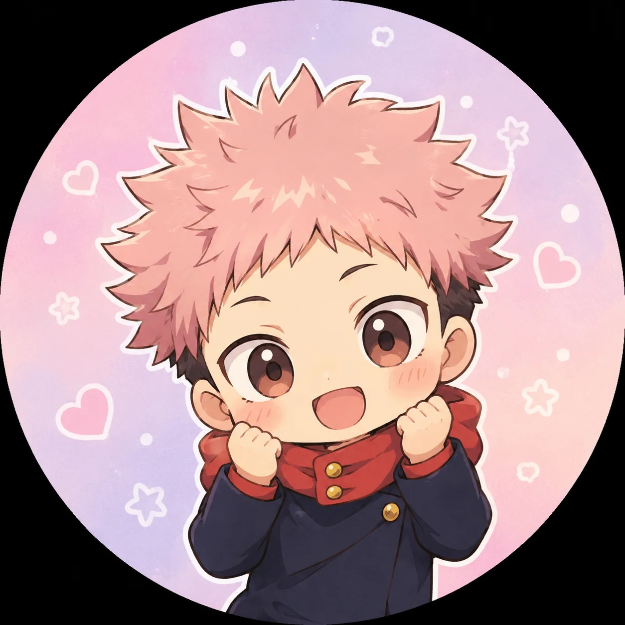 Pastel background chibi Yuji Itadori pfp with soft colors for cute aesthetic avatar