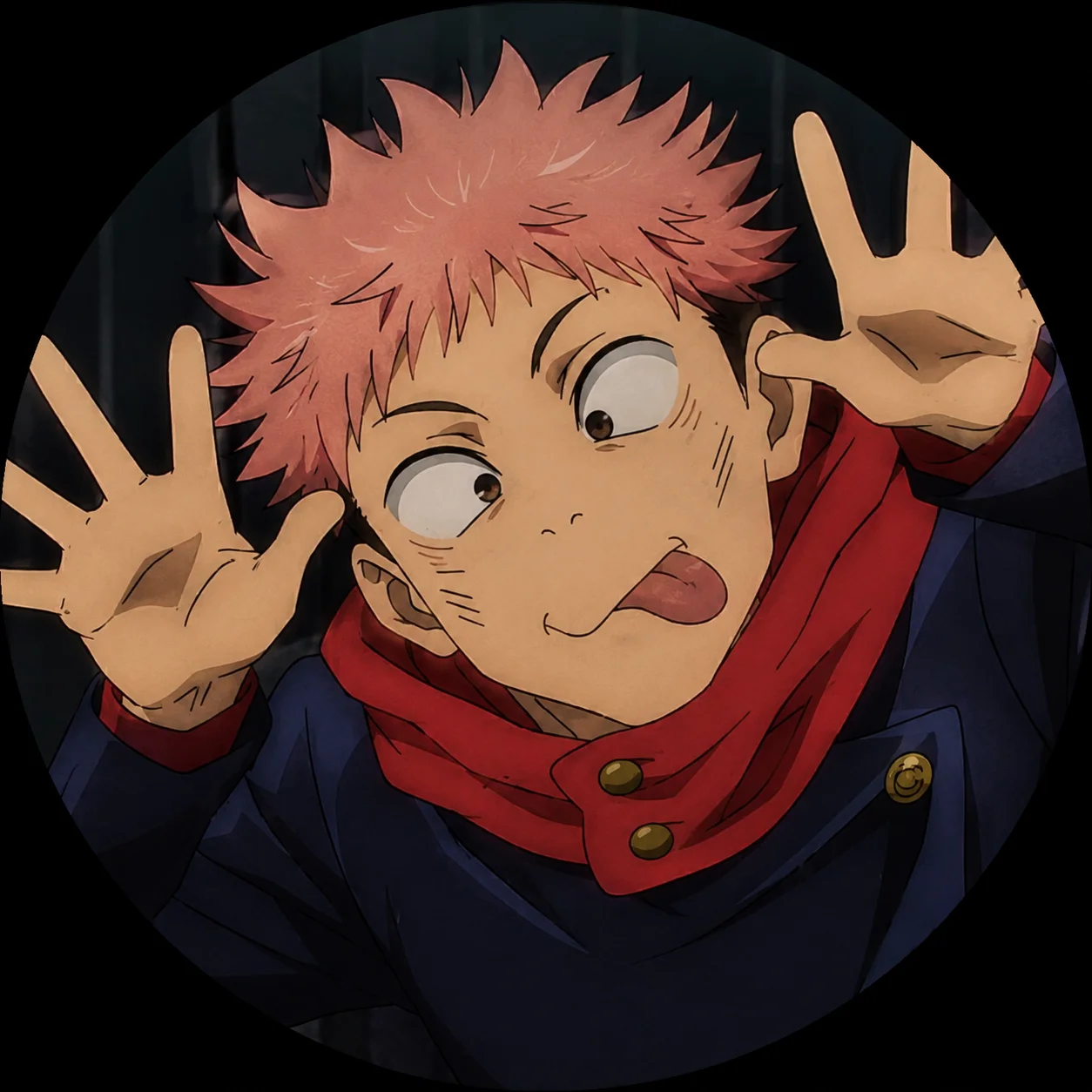 Comedic Yuji Itadori pfp with crossed eyes and silly pose for meme-style profile picture