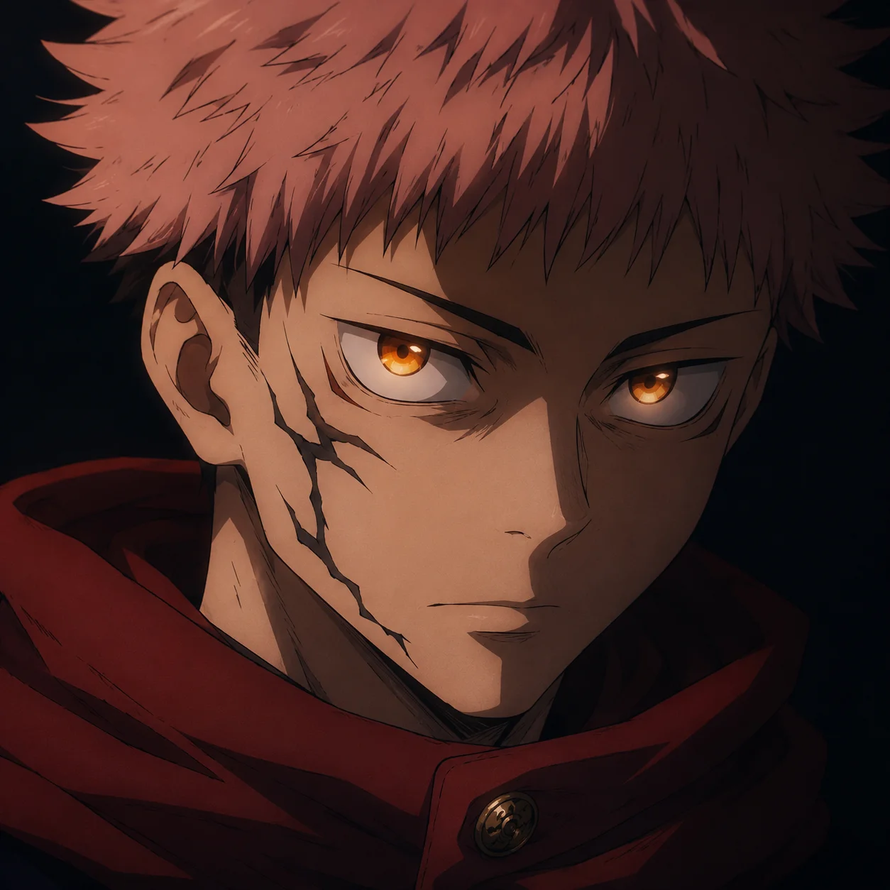 Yuji Itadori pfp with faint cursed marks and glowing eyes hinting at Sukuna vessel theme