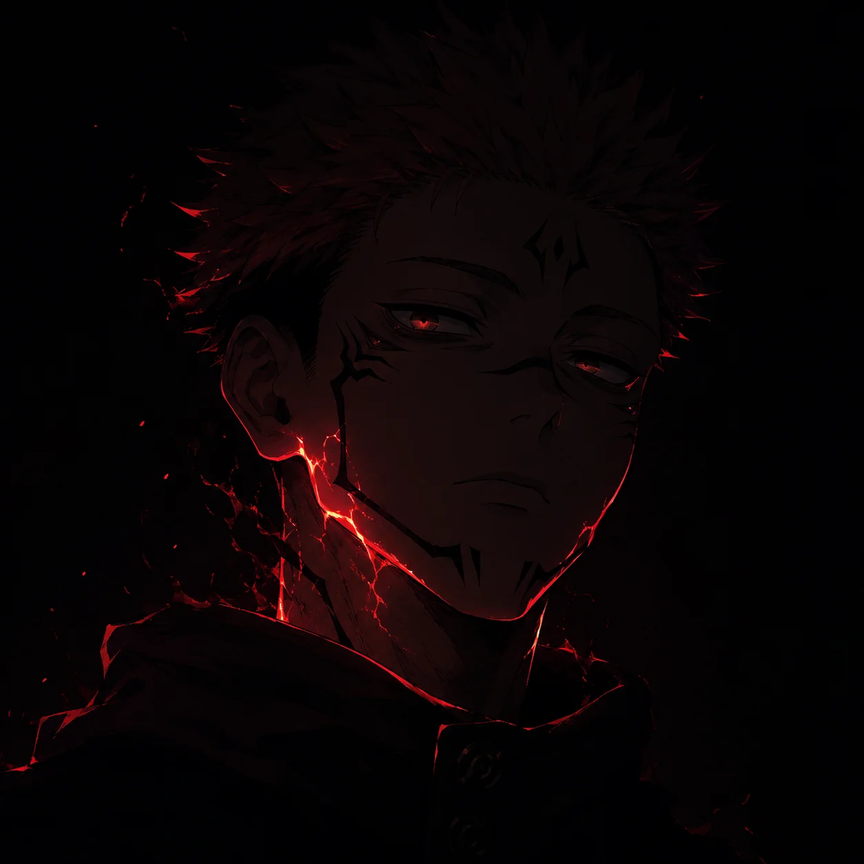 Dark aesthetic Yuji Itadori pfp emerging from black shadow with faint red cursed energy glow