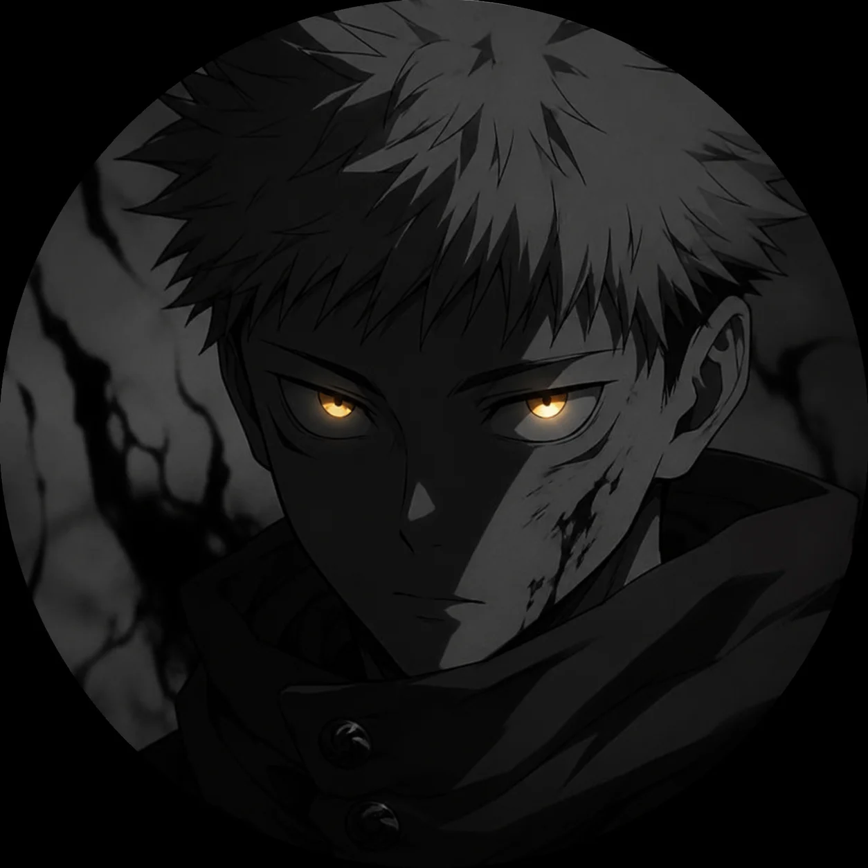 Moody Yuji Itadori pfp with glowing eyes and monochrome shadow tones for dark aesthetic profiles